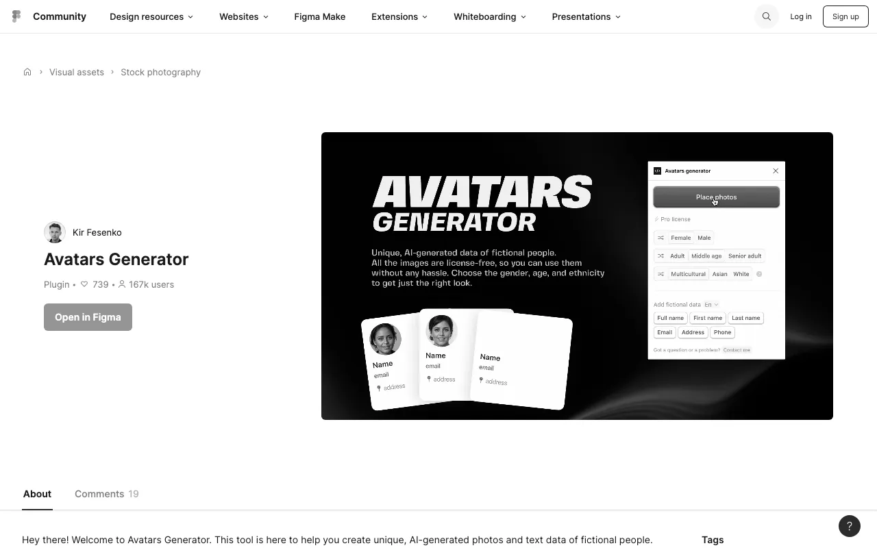 Anteprima di Avatars generator, plugin Figma