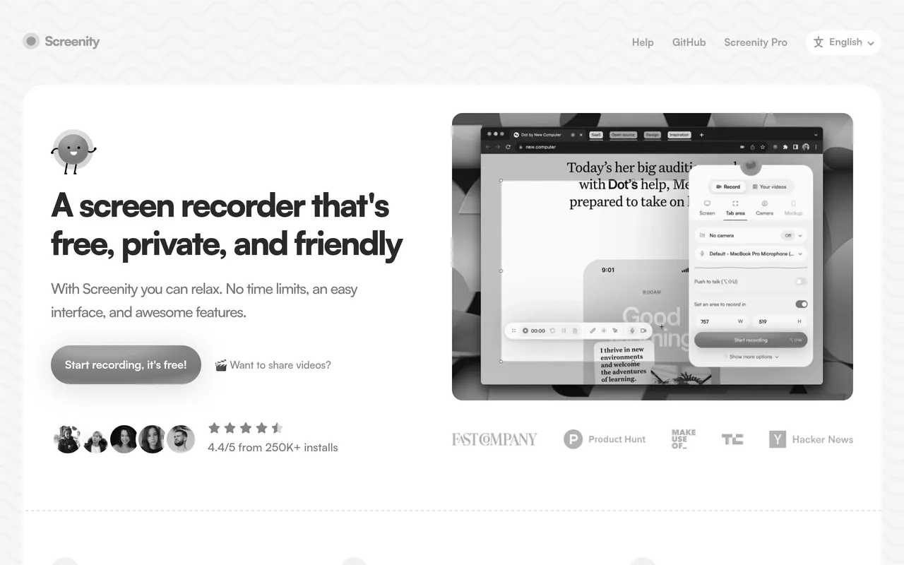 Anteprima di Screenity, tool per screen recording